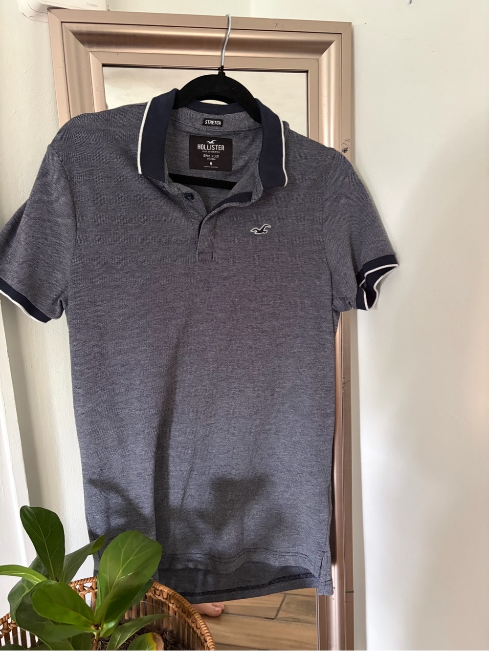Hollister Epic Flex Stretch Polo Men’s M Gray Heather Navy Trim Preppy Y2K
